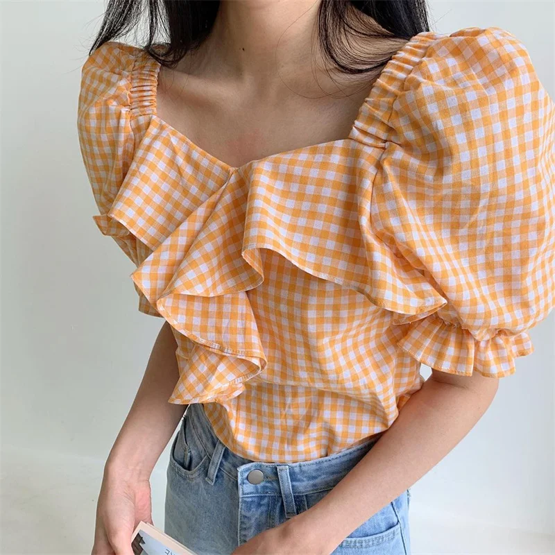 

HziriP Cute Sweet Plaid Ruffles Puff Sleeves Slim Sexy 2021 Streetwear All Match Basic Femme Casual New Geometric Thin Shirts