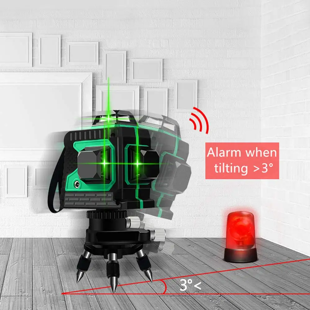 Мощный лазерный 3D уровень самонивелирующийся зеленый 12 линий горизонтали и