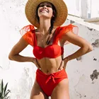 Сексуальные красные бикини, женский купальник 2021, сетчатые купальники с оборками, купальный костюм с высокой талией, пляжная одежда, бикини для женщин