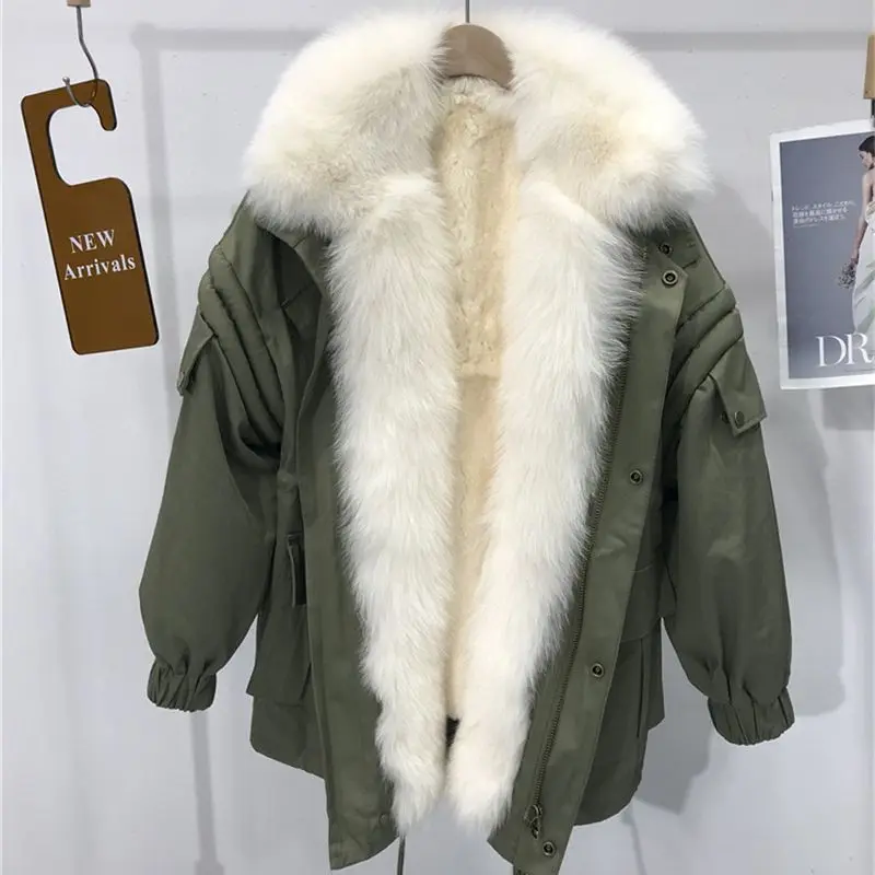 Новинка 2021 Женская парка пальто с отделкой воротника из натурального Лисьего
