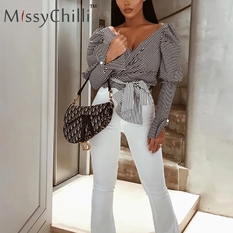 Полосатая черная блузка MissyChilli с длинным пышным рукавом сексуальная женская на