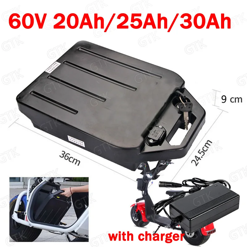 

Литий-ионный аккумулятор GTK 60 в 30 Ач 60 в 20 Ач 25 Ач, литий-ионный аккумулятор для двухколесного складного скутера citycoco X7 X8 X9 с зарядным устройст...