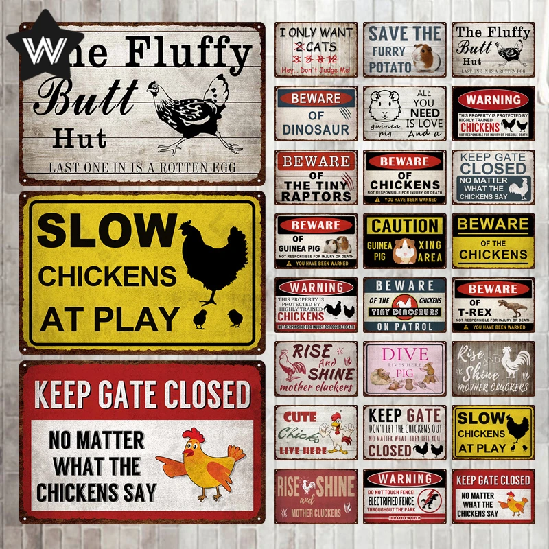 

Keep Gate Closed Metal Sign Vintage Warning Wall Stickers Be Aware of Chicken Bird Guinea Pig Metal Poster for Garden Farm Decor