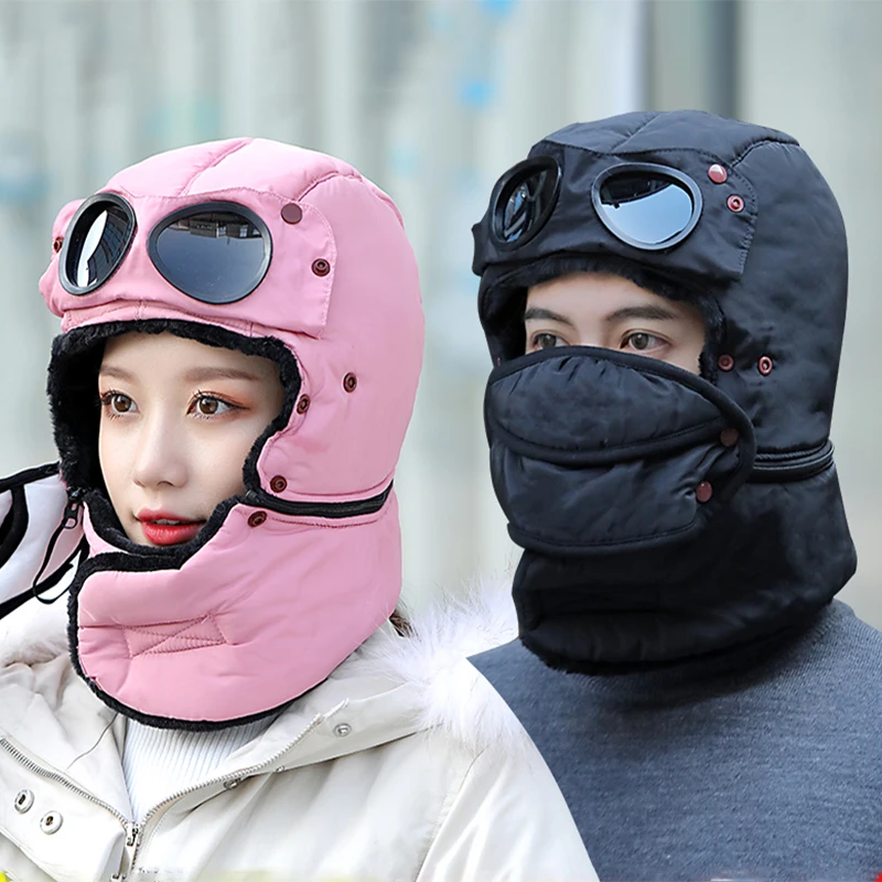 

Fashion Winter Bomber Hats Women Men Plush Earflap Russian Ushanka Waterproof Trapper Snow Caps With Glasses Balaclava