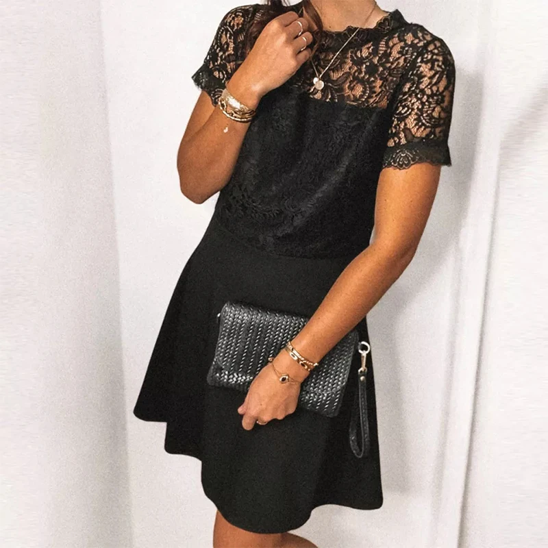 

Nice Summer Women Sexy Lace Patchwork Hollow Out Dress Chic O-Neck Short Sleeve See-Through Black Party A-Line Dress Vestidos