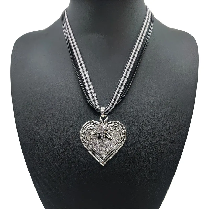 New Antique Silver Heart Shape Flower Necklaces Pendant Charm Ribbon Cord Choker Necklace Woman Party Jewelry Wholesale | Украшения и