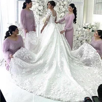 gorgeous ball gown wedding dress illusion long sleeves handmade 3d flowers luxury bridal gown