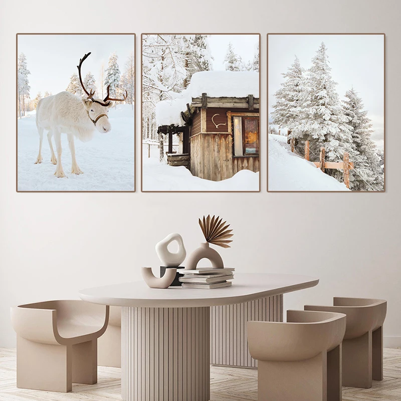 

Modern Winter Snow Scene Canvas Painting White Deer Snow Forest Cabin Picture Poster Christmas Wall Art Living Room Home Decor