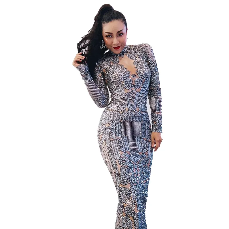 

Sexy Evening Party Rhinestone Long Dress Women Long Sleeves Wedding Celebration Bodycon Dress Club Jazz Singer Performance Dress