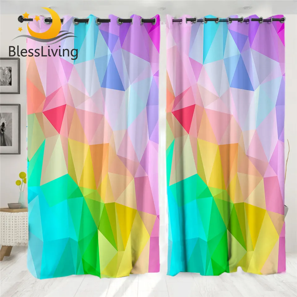 

BlessLiving Geometric Curtain for Living Room Rainbow Colorful Bedroom Curtain Girls Window Curtain Purple Blue Pink rideaux 1pc