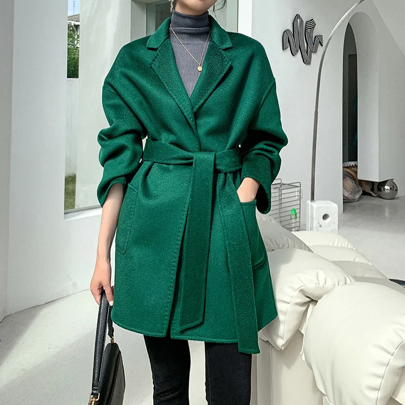

2021 winter straight tube double-sided cashmere coat women's medium and long water wave wool coat green Hepburn