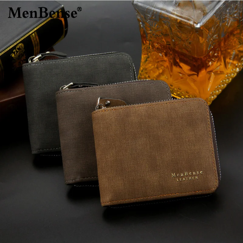 MenBense Retro Letter Print Short Wallets Zipper Card Holder Money Bag PU Leather Business Male Purse Small Handbag