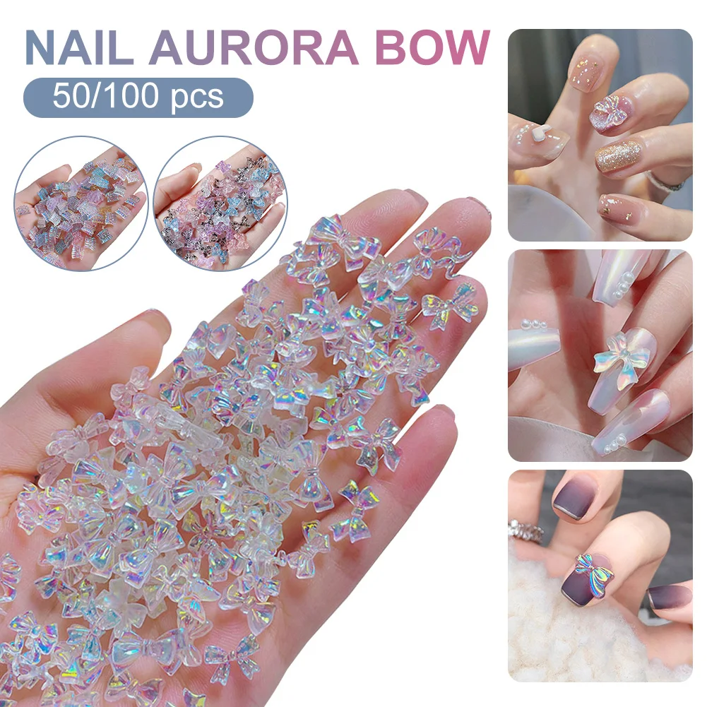

50/100pcs Aurora Bow Knots Nail Art Rhinestones 3D Resin Bow Tie Skirt Shapes Nail Glitter Decoration Manicure Decals