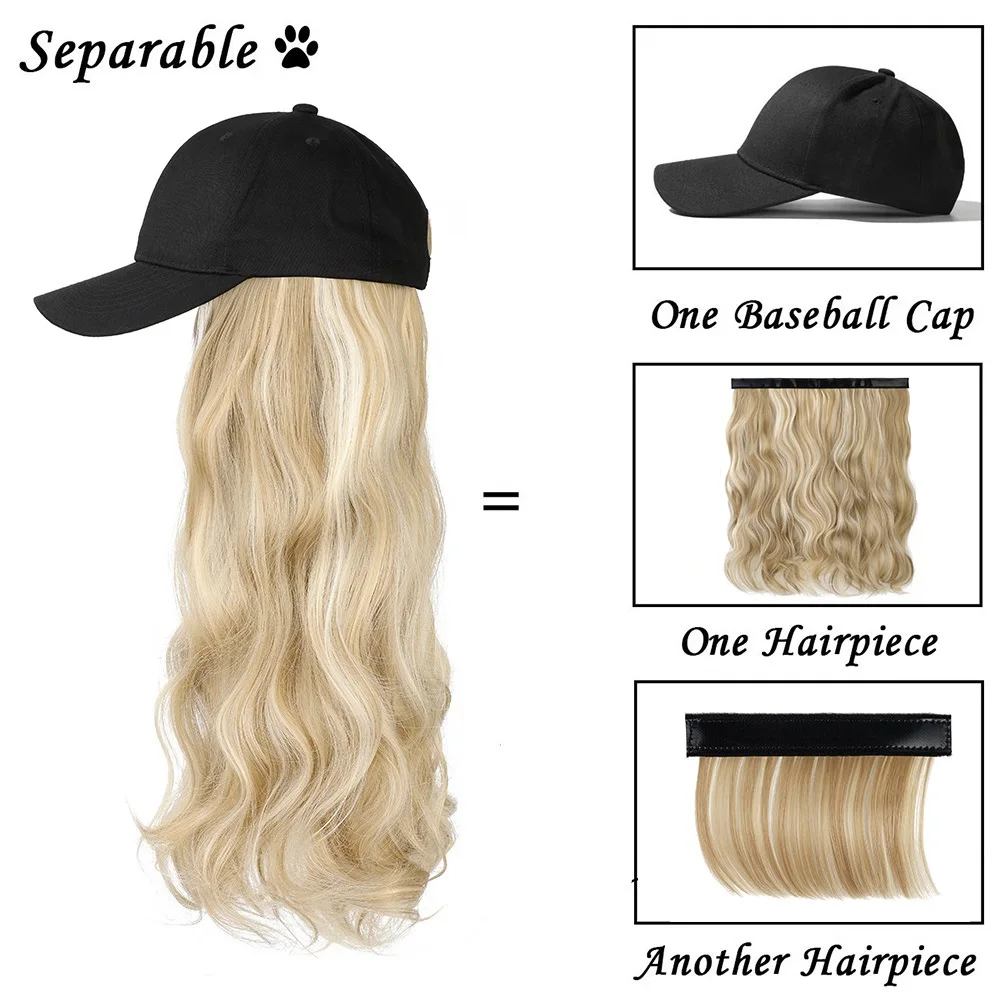 SHANGZI Long Wavy Synthetic Baseball Cap black white Hair Wigs Natural Removable wig hats Naturally Synthetic Hat Wig For Girl