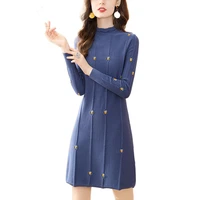 fashion women bodycon knitted dresses embroidery winter blue sweater dress sexy o neck pull oversize stripe vestidos