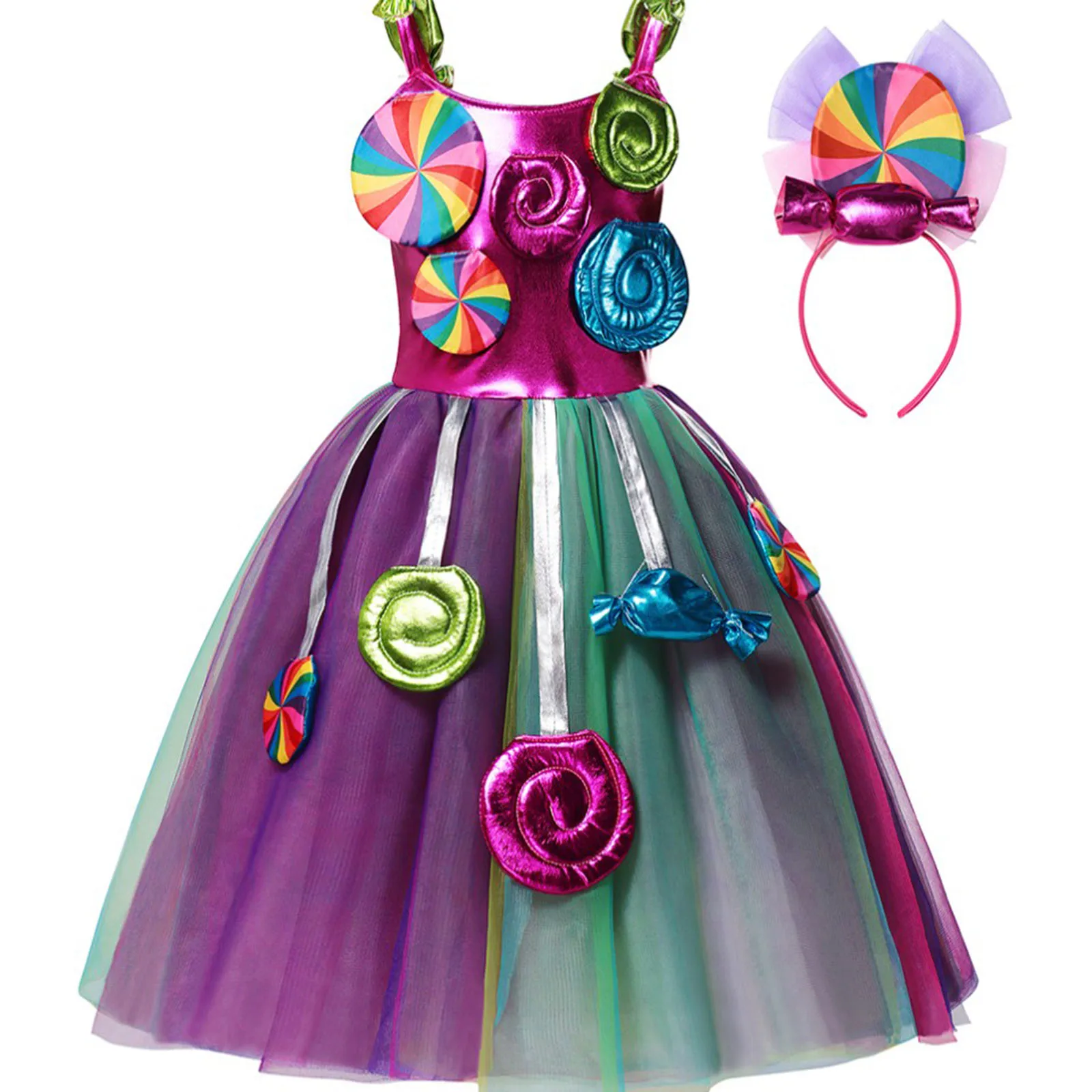 

Kid Girls Princess Rainbow Candy Costume Glittery Mesh Rainbow Tutu Dress Halloween Cosplay Carnival Fancy Birthday Party Outfit