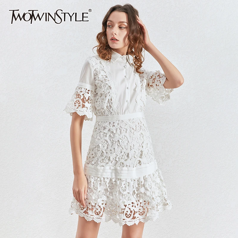 TWOTWINSTYLE Лоскутные кружевные платья женский воротник с отворотом коротким рукавом