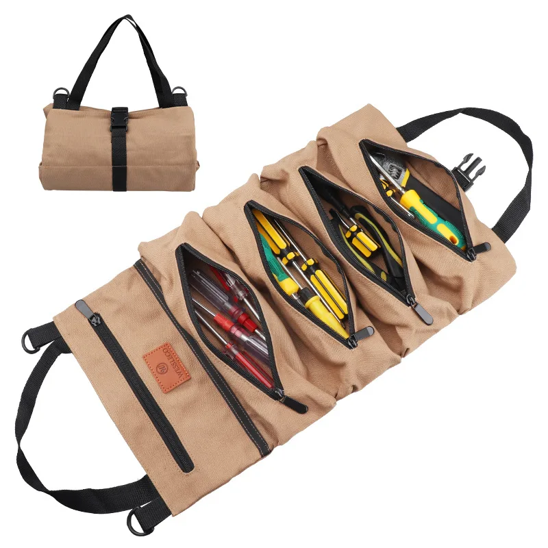 Tool Bag Canvas Tool Roll Pouch Multi-Purpose Zipper Storage Pocket Hanging Portable Toolbag Car Accessories