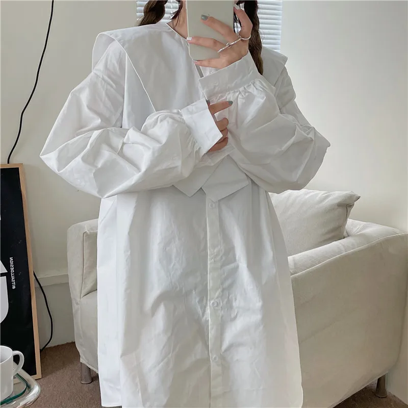 

Spring Korean Style Plus Size Office Lady Design Sense Peter Pan Collar Lantern Sleeve Mid-Length Loose Single Breasted Shirt