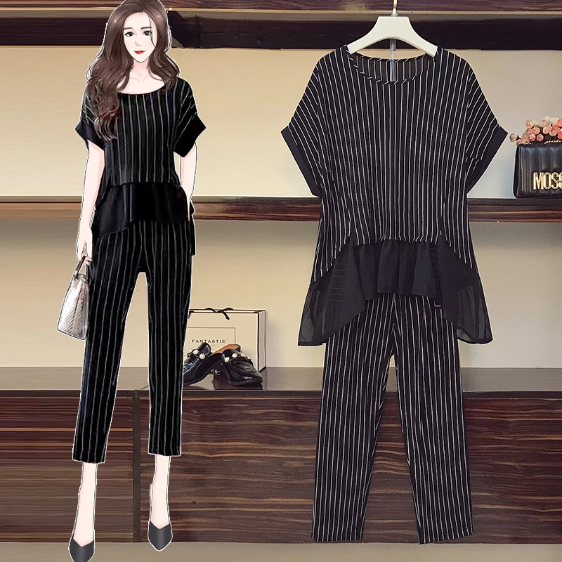 Sportwear Clothes Women Large Plus Size 5XL Suit Top And Pant Two Piece Tracksuit Matching Set Black Stripe Home Big Outfit |