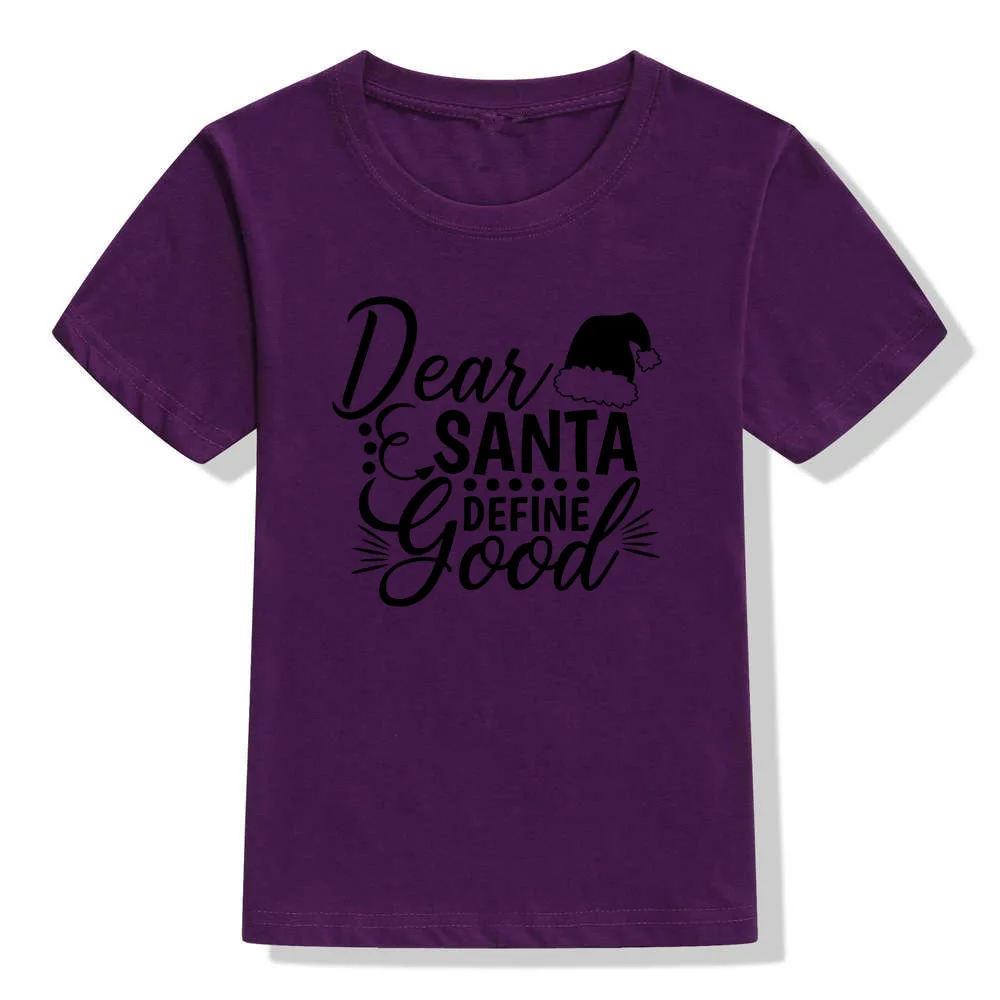 Dear Santas/детская Рождественская футболка с надписью «Dear Santas Define Good» футболка для мальчиков и девочек праздничная одежда Забавные футболки, Прямая поставка, модная одежда