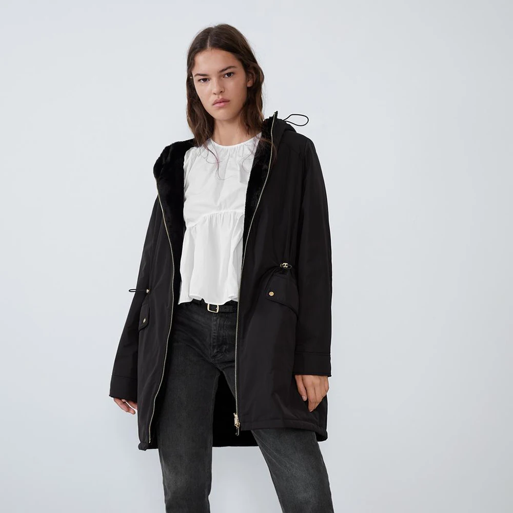 Женское пальто с капюшоном Za черная хлопковая парка двухсторонним мехом