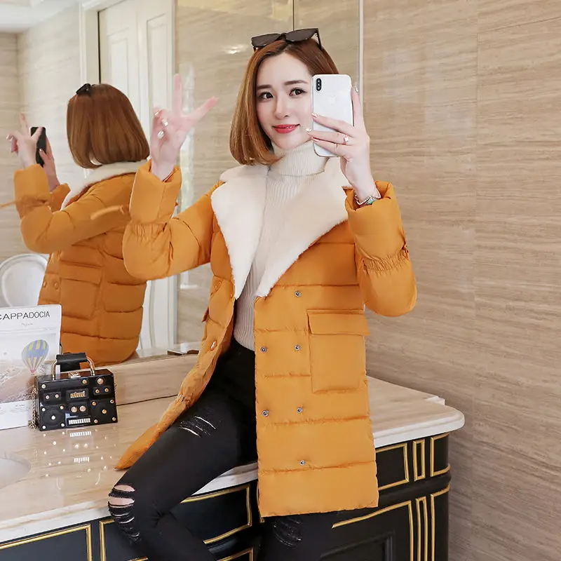 

Autumn and winter 2020 new cotton padded clothes women's middle and long Korean fashion slim fitting lamb hair Lapel students'