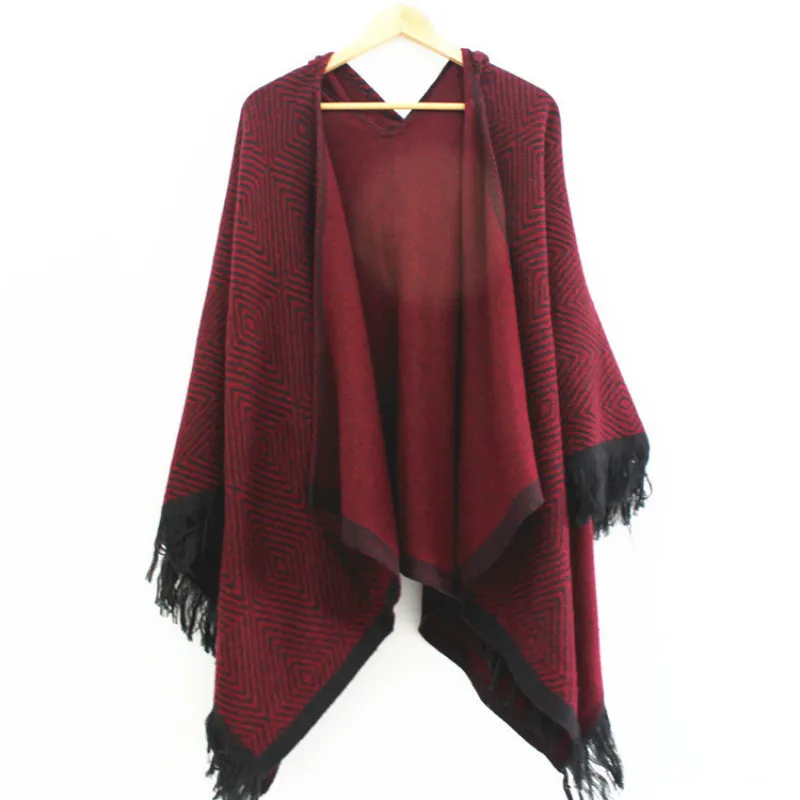 Women Luxury Poncho Hoodie Sweater Cape Scarf Cloak Winter Ladies Tassel Open Front Cardigan Large Size With Knit Cap Female | Аксессуары