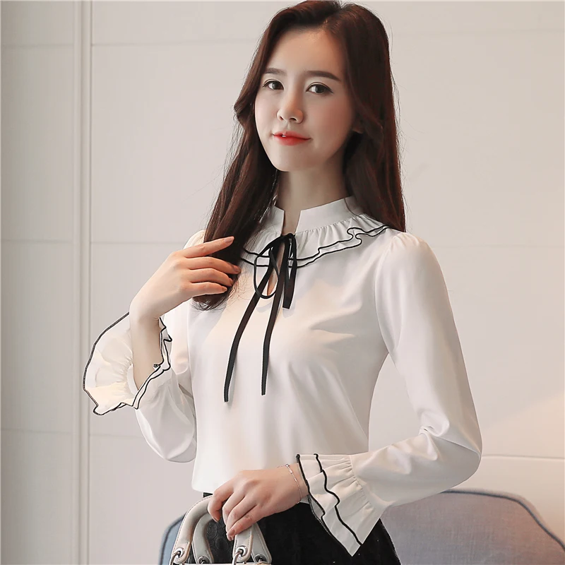 2019 модная женская блузка Рубашки шифоновые с длинным рукавом белые женские топы