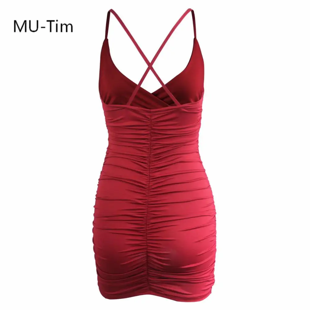 

MU-TIM Women Sexy Club Spaghetti Strap Dress Deep V Neck Backless Ruched Bodycon Dress for Women