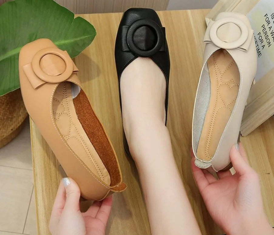 

British Leather Shallow Round Toe Ballet Flats Elegant Shoes Women Metal Round Buckle Soft Ladies Flat Shoes