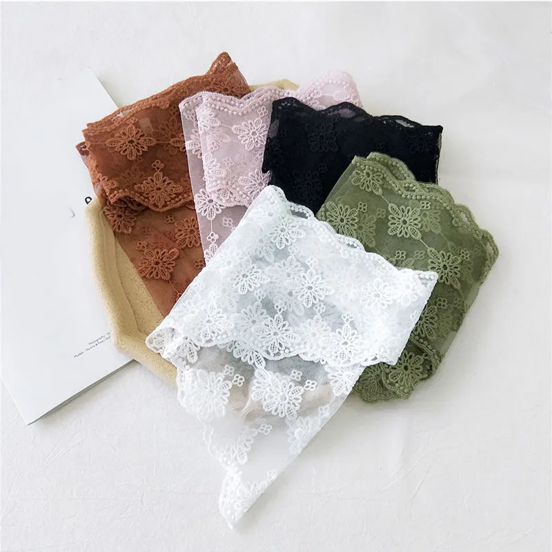 

Long Scarves Hair Tie Bands Transparent Lace Embroidered Triangle Small Scarf Head Scarf Wrap Shawl Floral Print Women Scarf