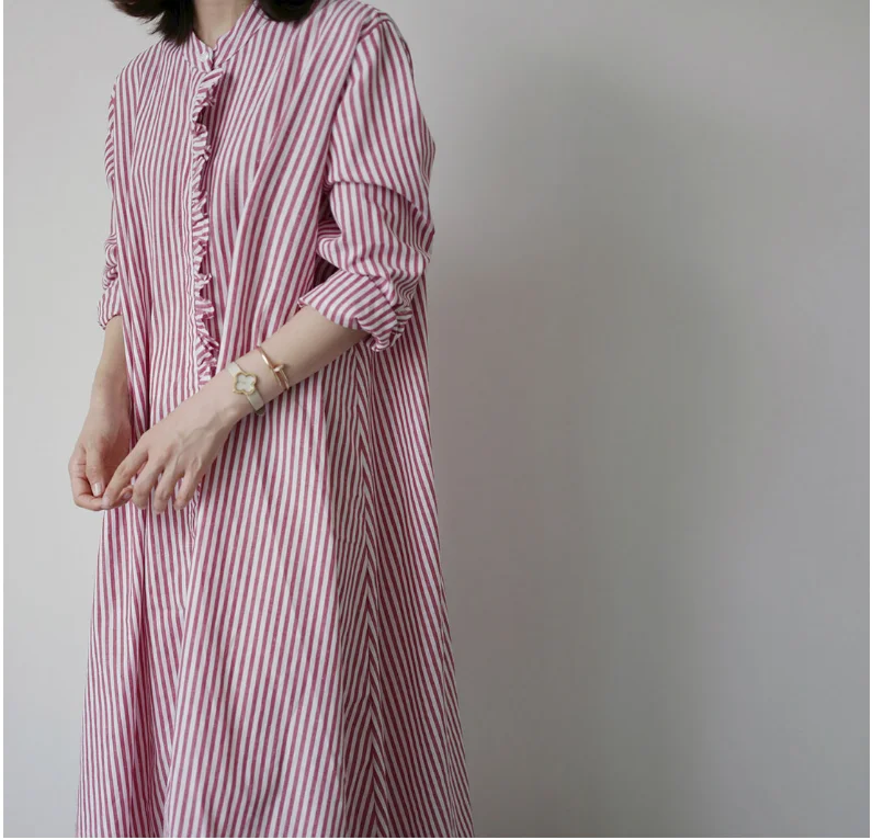 

2021 Spring New Korean Style Striped Shirt Dress Casual Temperament Long Loose Cape Lace Stitching Dress