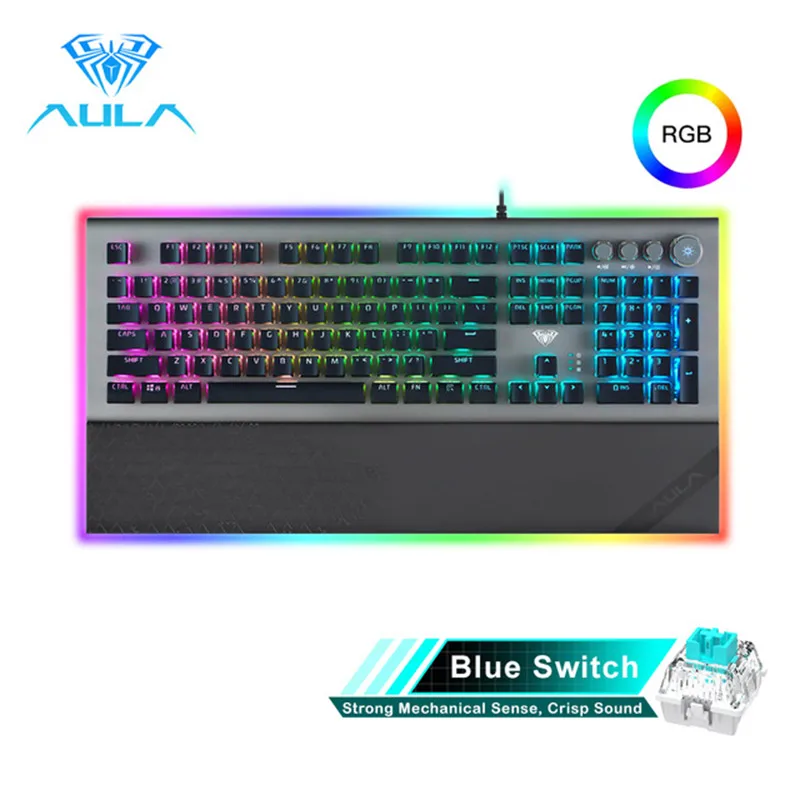 

AULA L2098 RGB Mechanical Gaming Keyboard 104 Floating-Keys Keyboard Blue Switches Wired Magnetic Light Bar Wrist Rest Keyboard