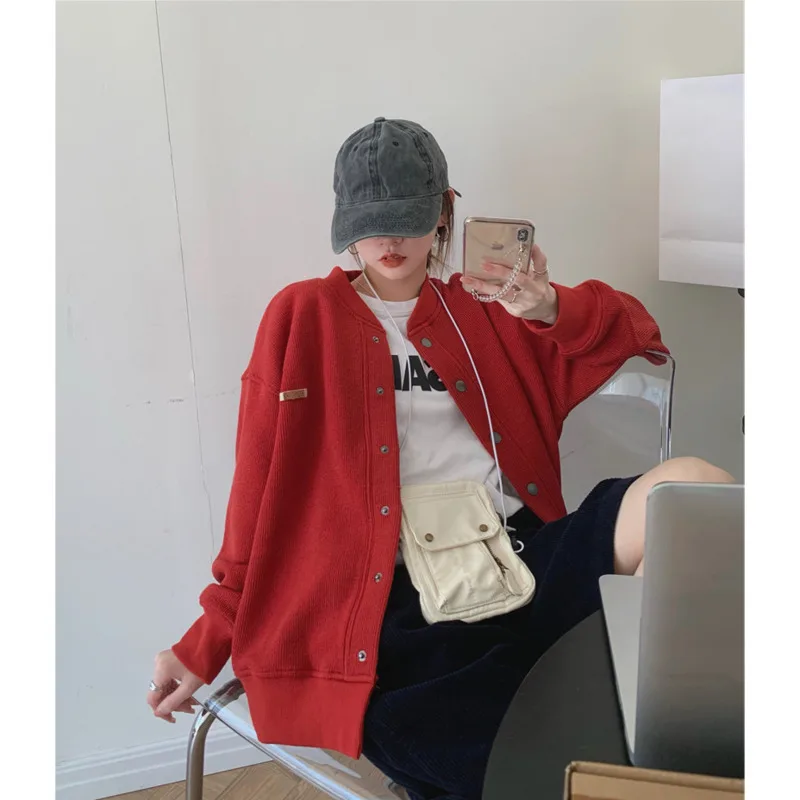

2021 Spring And Autumn New Student Long Sleeve Casual Cardigan Sweater Coat Women's V Neck Solid Baseball Jacket Top