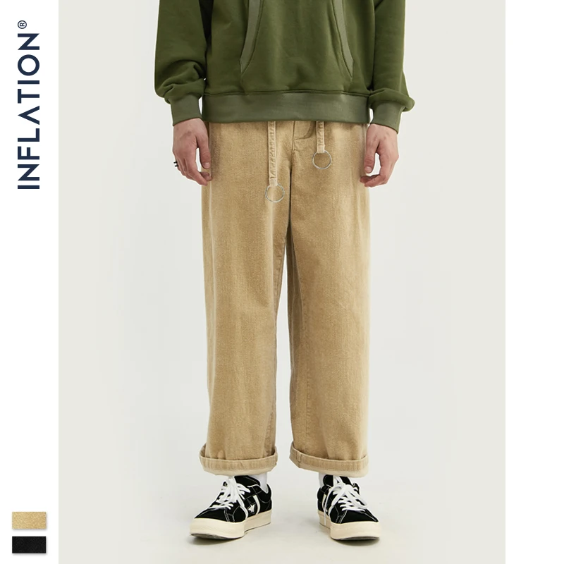 INFLATION 2020 Winter Men Casual Wide-legged Pants Corduroy Loose Fit Overalls Solid Color Pant 93330W | Мужская одежда