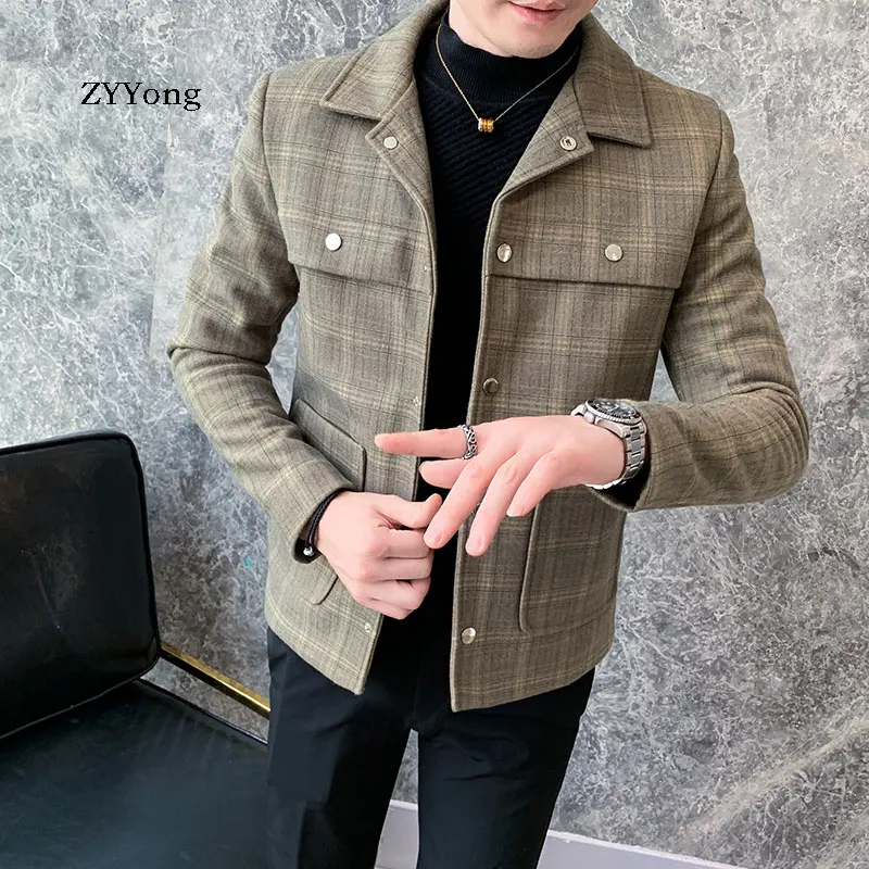 ZYYong осенне-зимнее мужское клетчатое пальто синего цвета Camel высокое качество