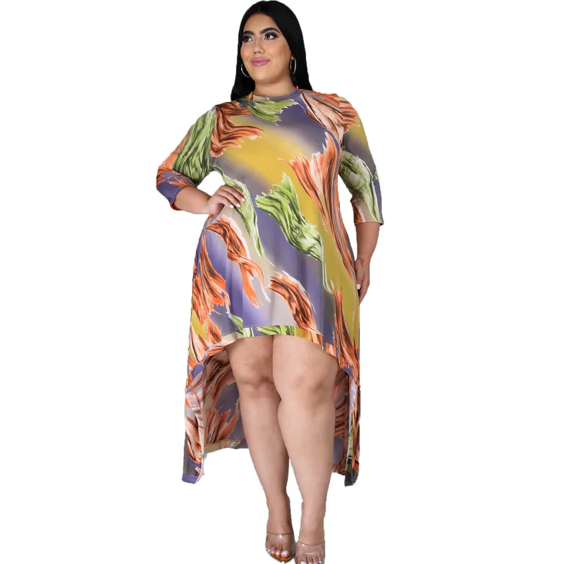 

Print Dress Women Plus Size 4XL 5XL 6XL Three Quater Irregular Length Sexy Curve Dresses Evening Party Occasion Event Fashion