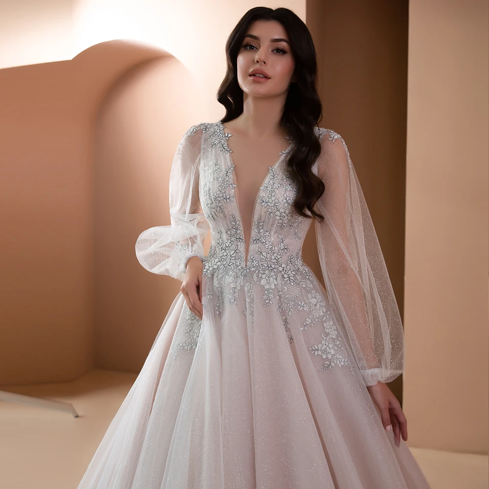 

Luxury Wedding Dresses With Long Sleeve V Neck Appliques A Line Sweep Train Backless Tulle Bridal Gowns Vestidos De Novia