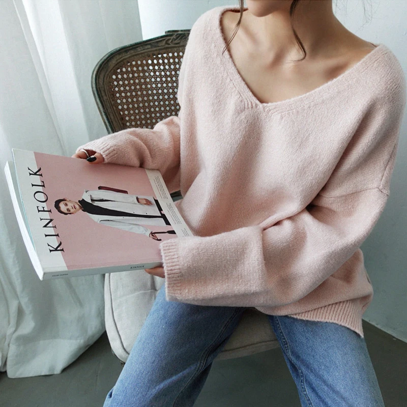 

Ailegogo Women V-neck Sweater Loose Fit Autumn Winter Warm Casual Knitted Tops Female Long Solid Color Knit Pullovers