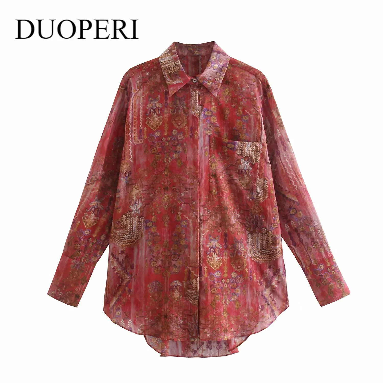 

Блузка DUOPERI женская с винтажным принтом, Повседневная модная шикарная рубашка с отложным воротником и длинными рукавами, топ, 2021
