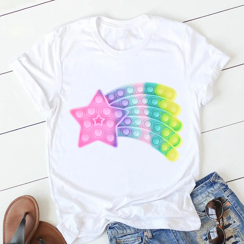 

Funny Rainbow Five-pointed Star Fidget Toys T Shirt Push Bubble Sensory Toys Shirt поп ит PopIt T-Shrit Women Tshirt Tops Tee