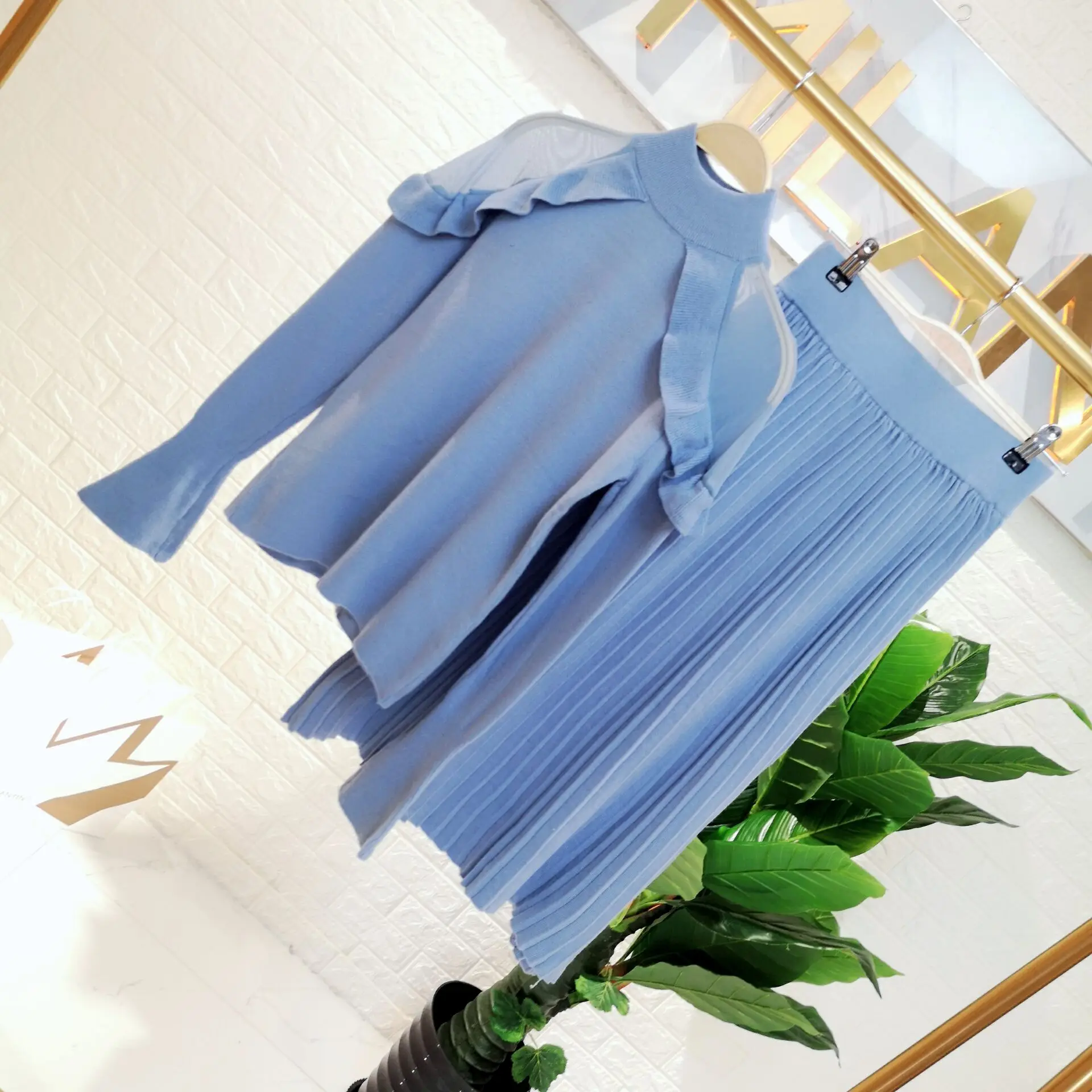 Женский вязаный костюм ALPHALMODA блестящий свитер + юбка комплект из 2 предметов