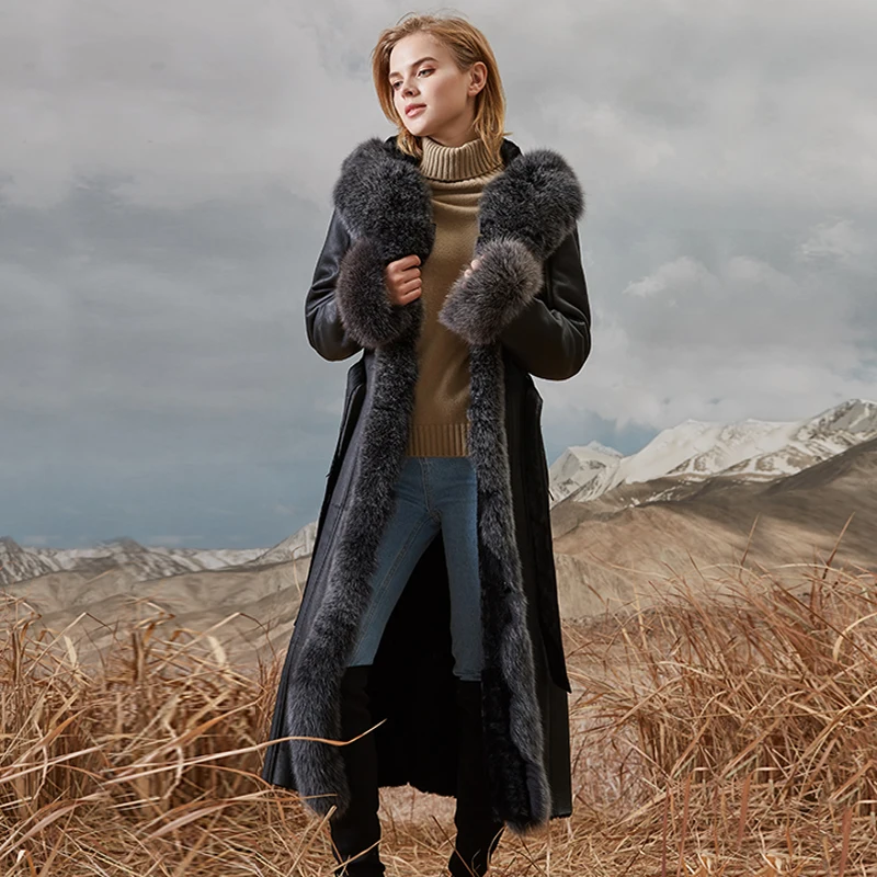 

Leather Fur In One Womens Real Sheepskin Coat Fox Fur Collar Hooded Shearling Jacket Woman Genuine Leather Winter Clothes Black