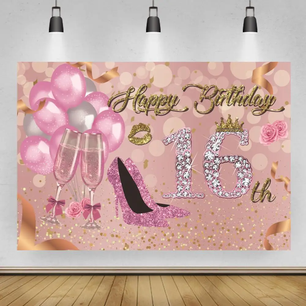 

Фон для фотосъемки с изображением конфет 16 дней рождения для фотосъемки фотографий розового цвета для девушек и взрослых на шестнадцать церемоний Блестящий бриллиантовый баннер для фотосъемки
