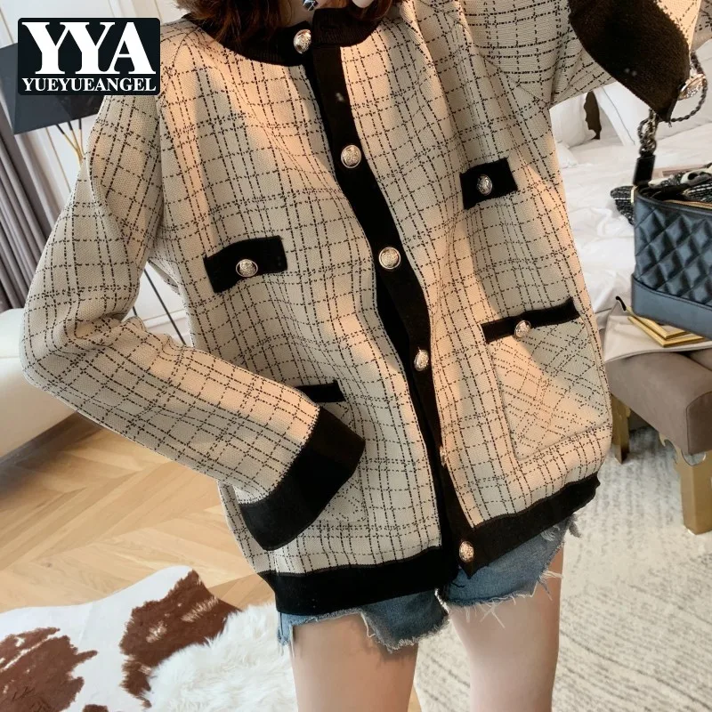 

Women Autumn Plaid Tweed Jacket O-Neck Loose Streetwear Knitting Cardigans Single Breasted Elegant Office Ladies Short Coat