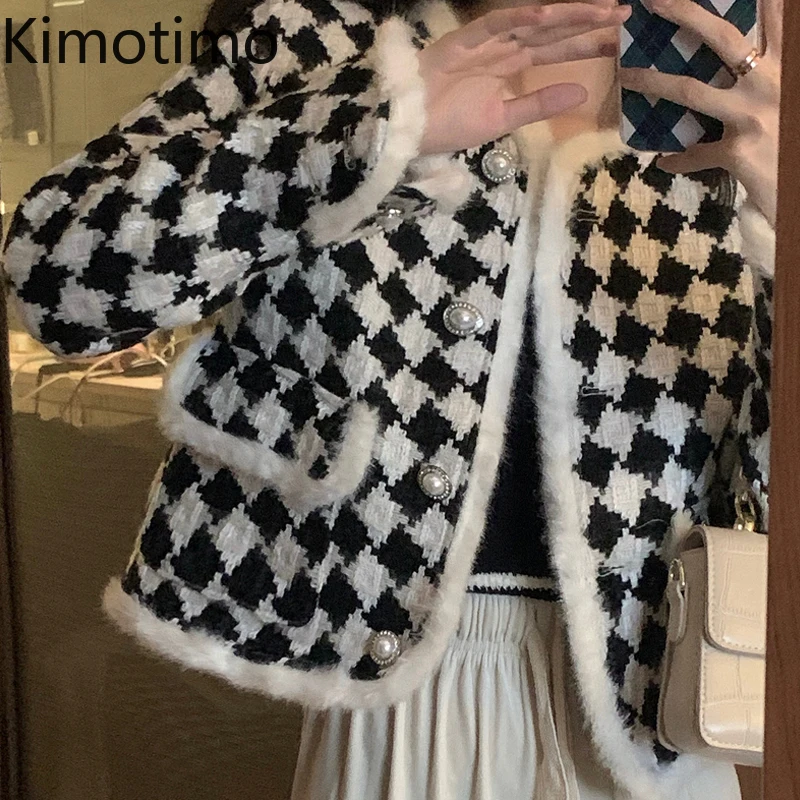 

Женское Укороченное пальто Kimotimo в шахматную клетку, французская маленькая Ароматизированная куртка с круглым вырезом, элегантные пальто с ...