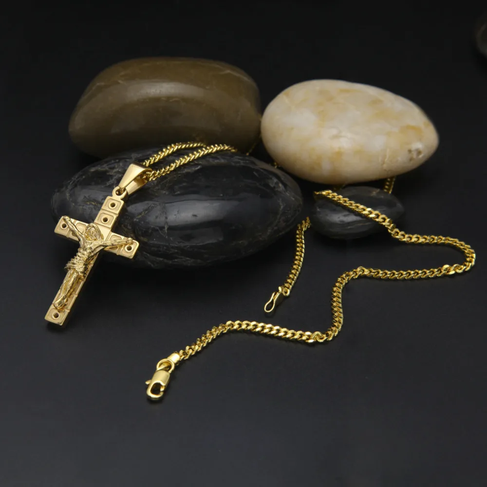 

316 L Stainless Steel Gold color hip hop jesus cross pendant necklace with 60cm cuban link chain fashion jewelry drop shipping