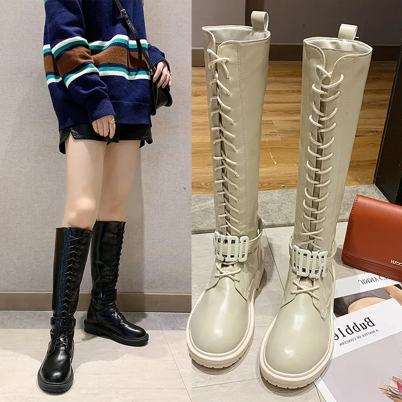 Женские сапоги до колена в стиле панк с квадратным носком высокие металлическими