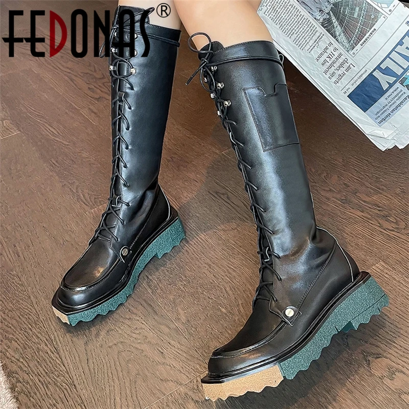 

FEDONAS Motorcycle Boots Autumn Winter Women Knee-High Boots Fashion Rivets Lace-Up Platforms Casual Thick Heels Shoes Woman